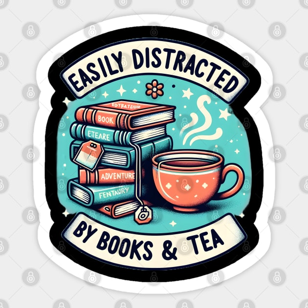 Easily Distracted By Books And Tea Sticker by Merchweaver